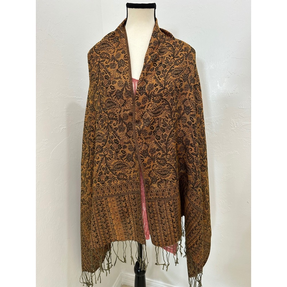 Pashmina Brown Black Paisley Scarf Wrap Fringe Trim 100% Pashmina 68x27 - Picture 5 of 9